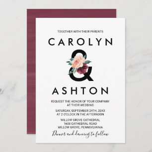 Flower Lettering Maroon Wedding Invitation