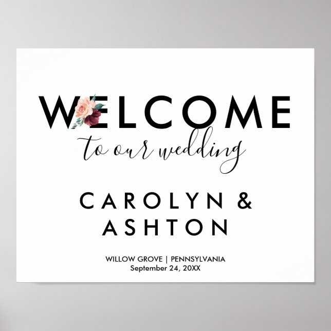Flower Lettering | Maroon Welcome Wedding Poster (Front)
