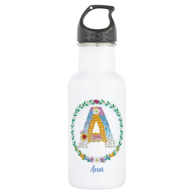 Flower Letters Initial "A" with Personalized name 532 Ml Water Bottle (Front)