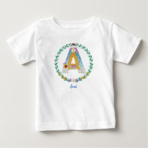 Flower Letters Initial "A" with Personalized name Baby T-Shirt