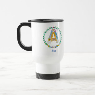 Flower Letters Initial "A" with Personalized name Travel Mug