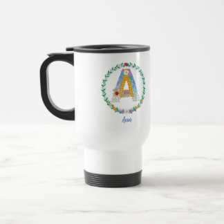 Flower Letters Initial "A" with Personalized name Travel Mug