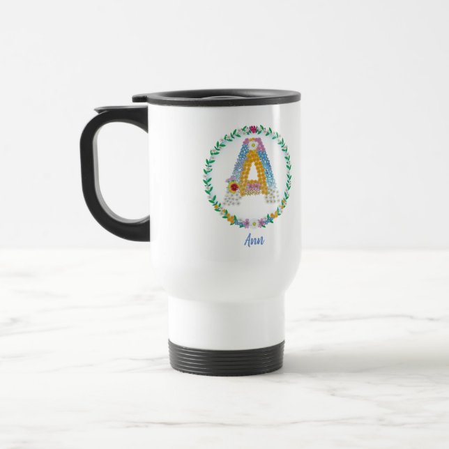 Flower Letters Initial "A" with Personalized name Travel Mug (Left)
