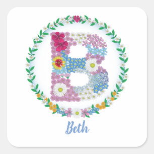 Flower Letters Initial "B" with Personalized name Square Sticker