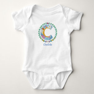 Flower Letters Initial "C" with Personalized name Baby Bodysuit