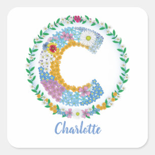 Flower Letters Initial "C" with Personalized name Square Sticker