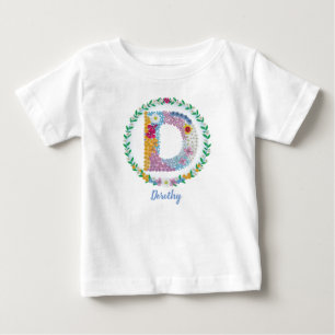 Flower Letters Initial "D" with Personalized name Baby T-Shirt