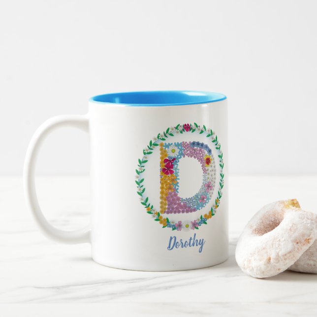 Flower Letters Initial "D" with Personalized name  Two-Tone Coffee Mug (With Donut)