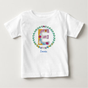 Flower Letters Initial "E" with Personalized name Baby T-Shirt