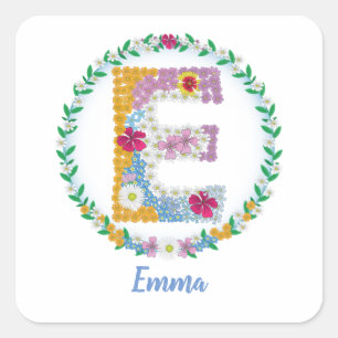 Flower Letters Initial "E" with Personalized name Square Sticker