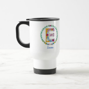 Flower Letters Initial "E" with Personalized name Travel Mug
