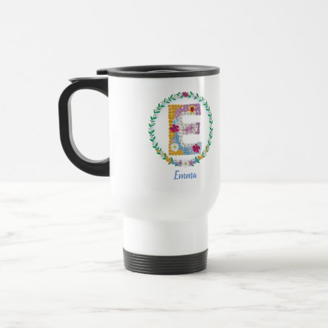 Flower Letters Initial "E" with Personalized name Travel Mug (Left)