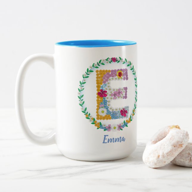 Flower Letters Initial "E" with Personalized name Two-Tone Coffee Mug (With Donut)