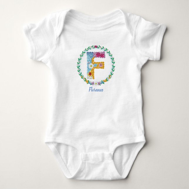Flower Letters Initial "F" with Personalized name Baby Bodysuit (Front)