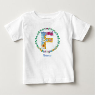 Flower Letters Initial "F" with Personalized name Baby T-Shirt