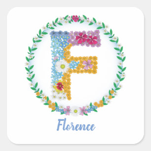Flower Letters Initial "F" with Personalized name Square Sticker