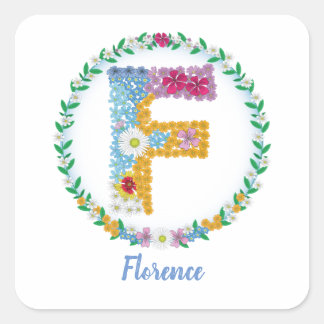 Flower Letters Initial "F" with Personalized name Square Sticker