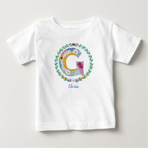 Flower Letters Initial "G" with Personalized name Baby T-Shirt