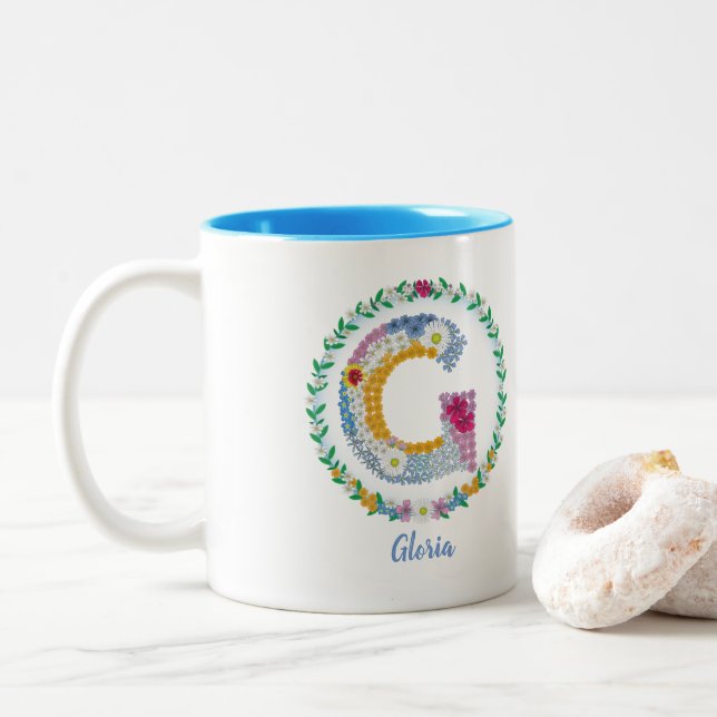 Flower Letters Initial "G" with Personalized name Two-Tone Coffee Mug (With Donut)