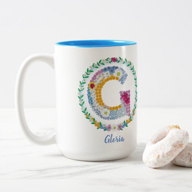 Flower Letters Initial "G" with Personalized name Two-Tone Coffee Mug (With Donut)