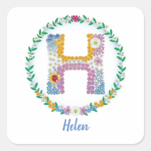 Flower Letters Initial "H" with Personalized name Square Sticker