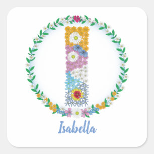 Flower Letters Initial "I" with Personalized name Square Sticker