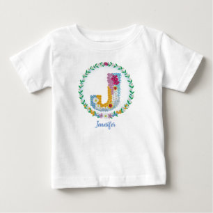 Flower Letters Initial "J" with Personalized name Baby T-Shirt