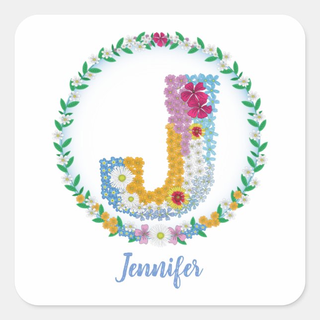 Flower Letters Initial "J" with Personalized name Square Sticker (Front)