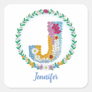 Flower Letters Initial "J" with Personalized name Square Sticker