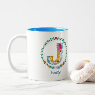 Flower Letters Initial "J" with Personalized name Two-Tone Coffee Mug
