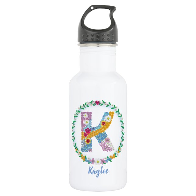 Flower Letters Initial "K" with Personalized name 532 Ml Water Bottle (Front)