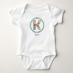 Flower Letters Initial "K" with Personalized name Baby Bodysuit