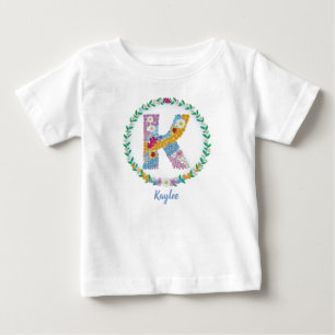 Flower Letters Initial "K" with Personalized name Baby T-Shirt