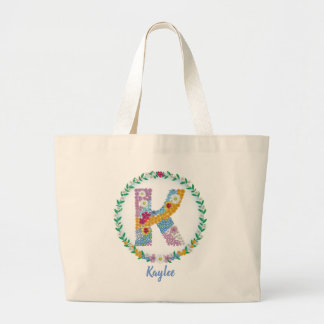 Flower Letters Initial "K" with Personalized name Large Tote Bag