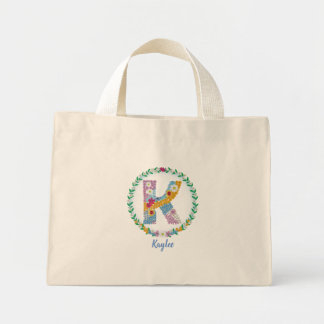 Flower Letters Initial "K" with Personalized name  Mini Tote Bag