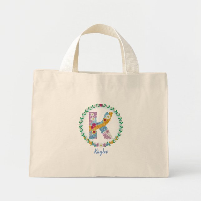 Flower Letters Initial "K" with Personalized name  Mini Tote Bag (Front)