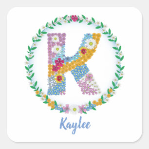 Flower Letters Initial "K" with Personalized name Square Sticker