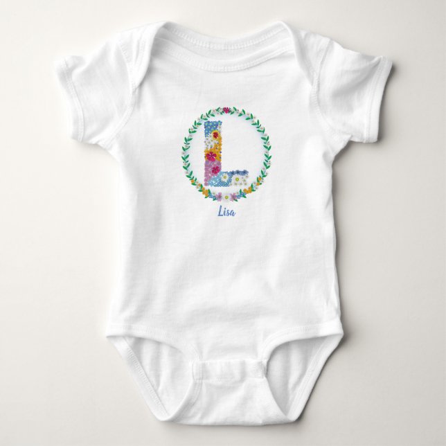Flower Letters Initial "L" with Personalized name Baby Bodysuit (Front)