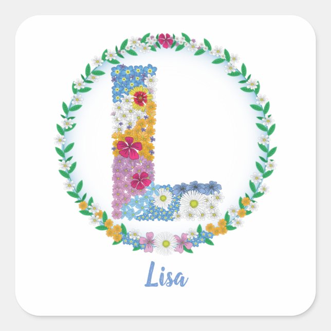 Flower Letters Initial "L" with Personalized name Square Sticker (Front)
