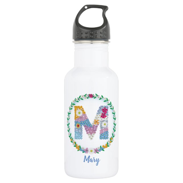 Flower Letters Initial "M" with Personalized name 532 Ml Water Bottle (Front)