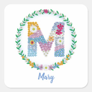 Flower Letters Initial "M" with Personalized name Square Sticker