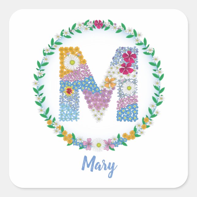 Flower Letters Initial "M" with Personalized name Square Sticker (Front)