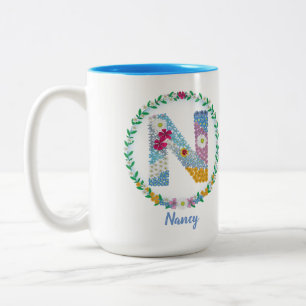 Flower Letters Initial "N" with Personalized name Two-Tone Coffee Mug