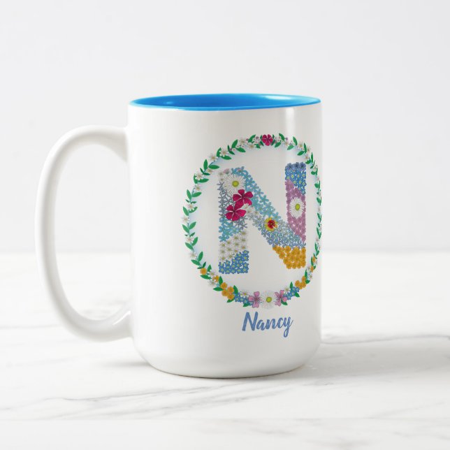 Flower Letters Initial "N" with Personalized name Two-Tone Coffee Mug (Left)