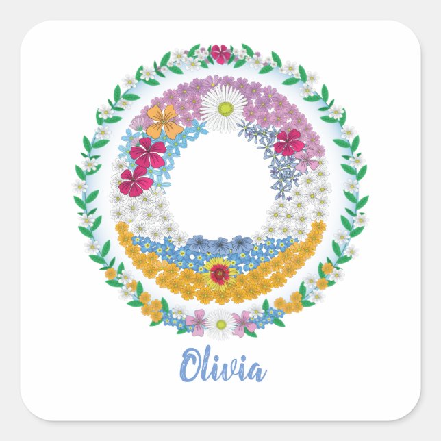 Flower Letters Initial "O" with Personalized name Square Sticker (Front)