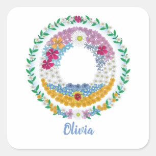 Flower Letters Initial "O" with Personalized name Square Sticker