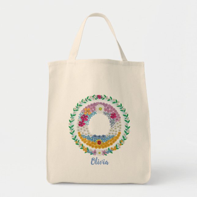 Flower Letters Initial "O" with Personalized name  Tote Bag (Front)