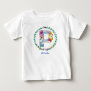 Flower Letters Initial "P" with Personalized name Baby T-Shirt