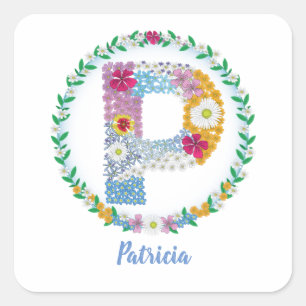 Flower Letters Initial "P" with Personalized name Square Sticker