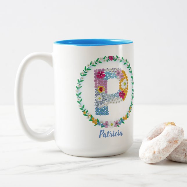 Flower Letters Initial "P" with Personalized name Two-Tone Coffee Mug (With Donut)